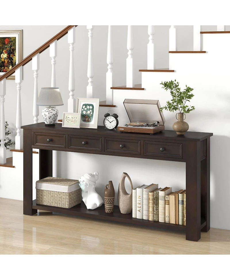 Volenca 63 Inches Farmhouse Entryway Table with 4 Storage Drawers and Open Shelf