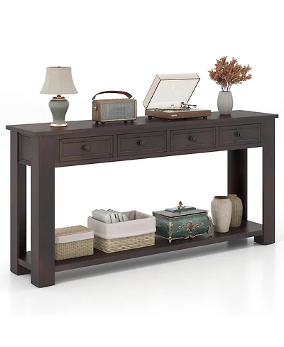 Volenca 63 Inches Farmhouse Entryway Table with 4 Storage Drawers and Open Shelf