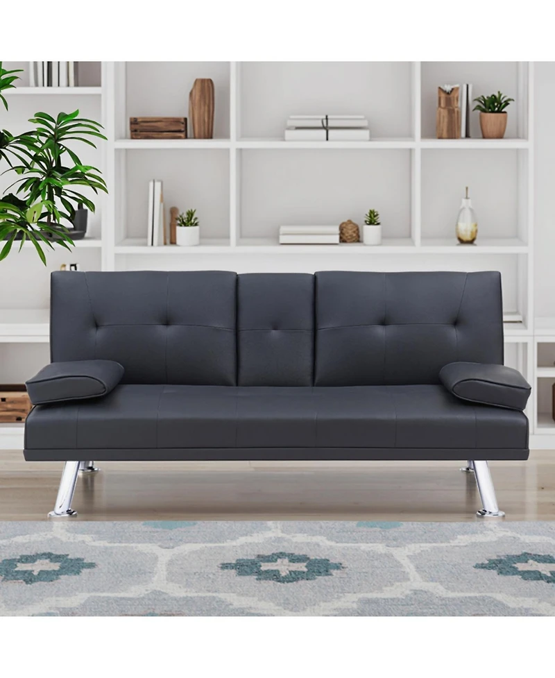 Streamdale Furniture Black Leather Double Folding Sofa Bed & Table