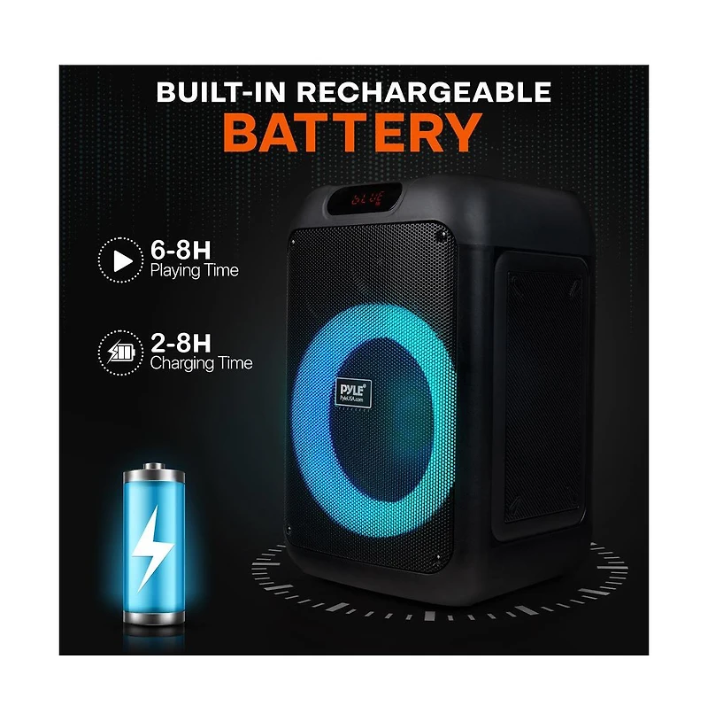 Pyle Portable Bt Party Speaker with Built-in Rechargeable Battery, Tws Function, Mic Input, Mic Echo Control, Bass and Treble Control