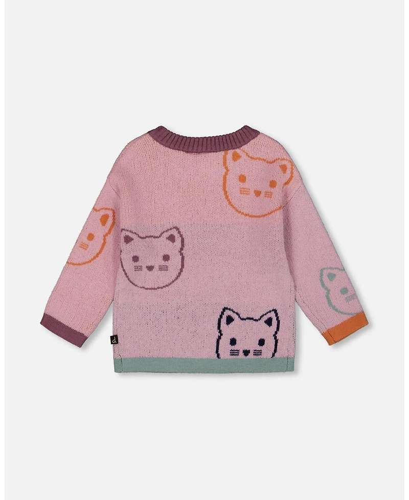 Deux par Big Girls Knit Jacquard Sweater Dusty Pink with Cats