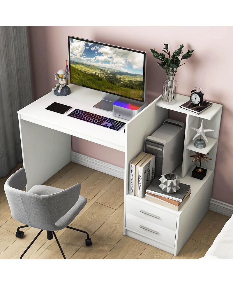 Mecale Computer Desk Home Office with Bookshelf and Drawers