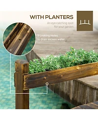 Outsunny Wooden Garden Bridge with Planters, Stained Finish Arc Footbridge