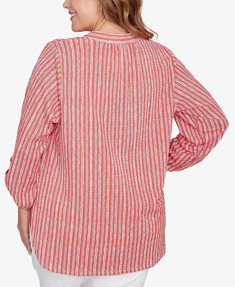 Ruby Rd. Plus Size Crinkle Knit Striped Henley Top