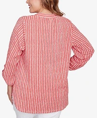 Ruby Rd. Plus Size Crinkle Knit Striped Henley Top