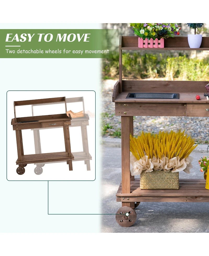 Wood Potting Bench Workstation Table w/ Storage Cabinet, Shelf Natural