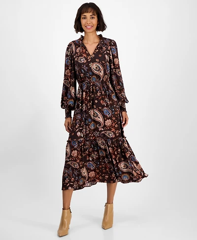 T Tahari Women's Printed Split-Neck Long-Sleeve Midi Dress