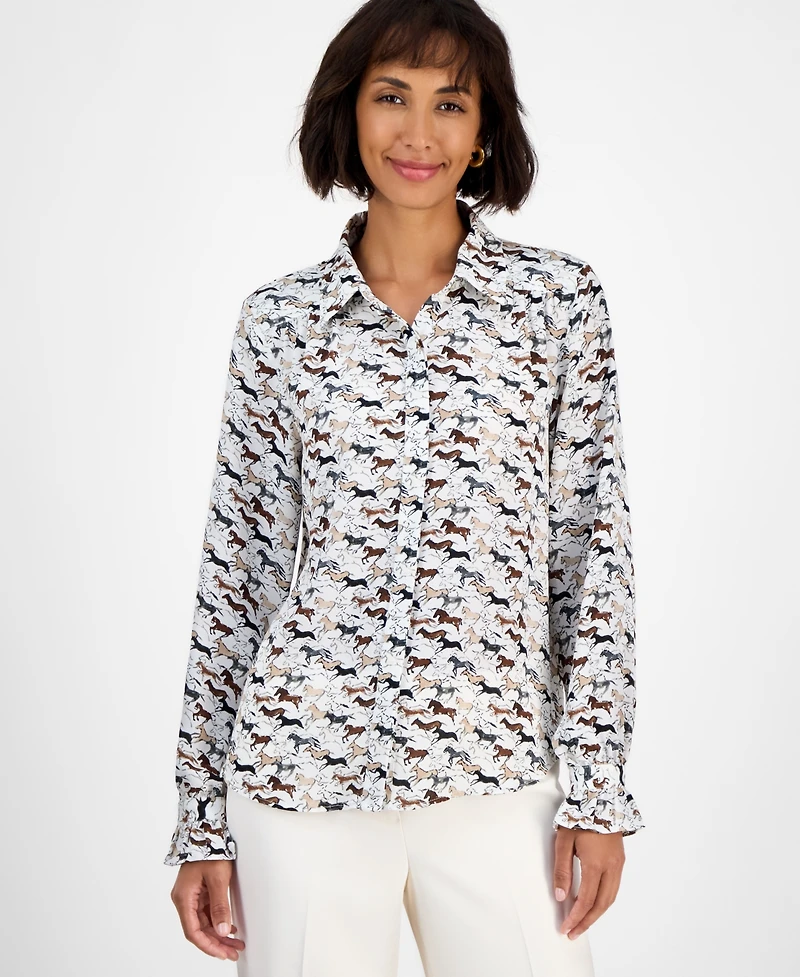 T Tahari Women's Horse-Print Button-Front Blouse