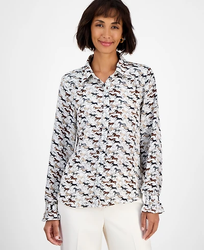 T Tahari Women's Horse-Print Button-Front Blouse
