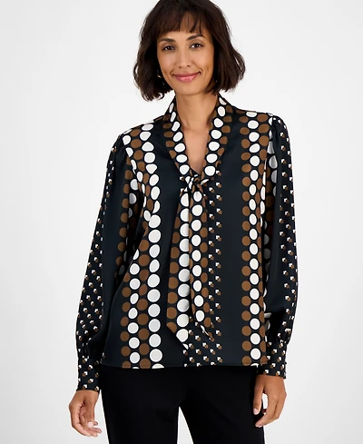 T Tahari Women's Printed Tie-Neck Long-Sleeve Blouse