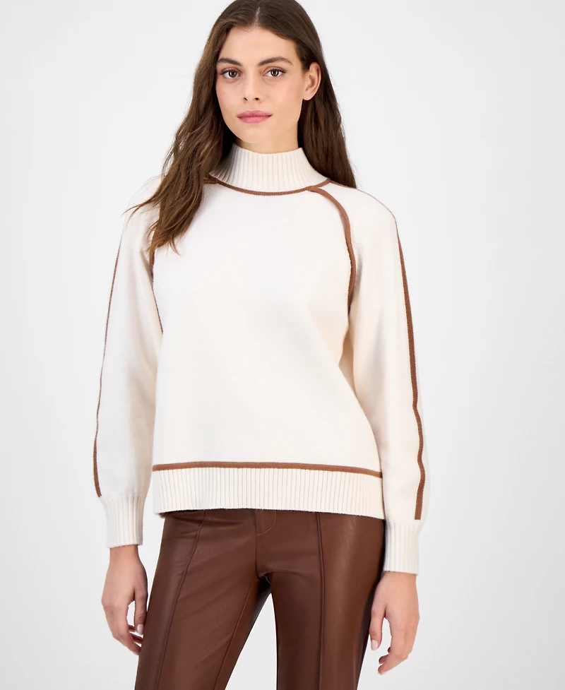 T Tahari Women's Mock-Neck Contrast-Piping Sweater