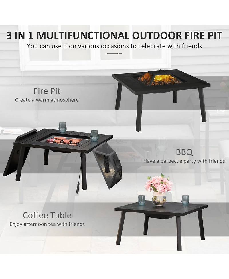 Outsunny 34" Fire Pit with Grill, Spark Screen, Fire Poker, Cover, Table Lip,