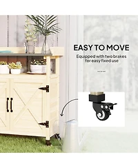 Outsunny Outdoor Potting Bench with Storage, Wheels, Natural Wood