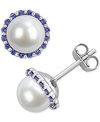 Cultured Freshwater Pearl (7-7.5mm) & Sapphire (3/8 ct. t.w.) Stud Earrings in Sterling Silver
