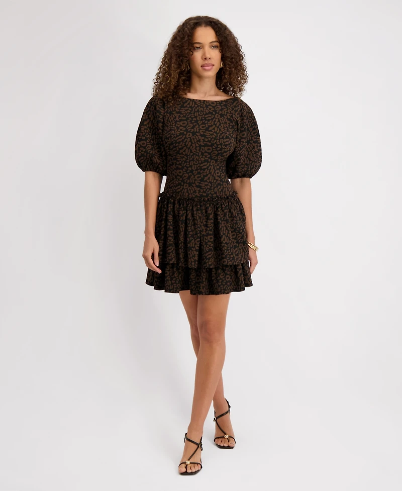 kensie Women's Stretch-Jacquard Puff-Sleeve A-Line Dress