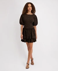 kensie Women's Stretch-Jacquard Puff-Sleeve A-Line Dress