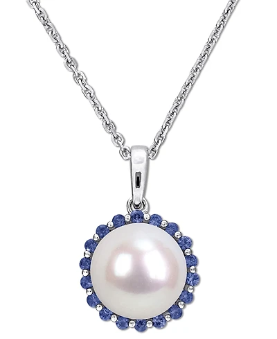 Cultured Freshwater Pearl (8mm) & Sapphire (1/3 ct. t.w.) 18" Pendant Necklace in Sterling Silver