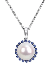 Cultured Freshwater Pearl (8mm) & Sapphire (1/3 ct. t.w.) 18" Pendant Necklace in Sterling Silver