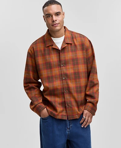 Mode of One Men's Relaxed-Fit Camp-Collar Plaid Flannel Shirt, Macy's Exclusive