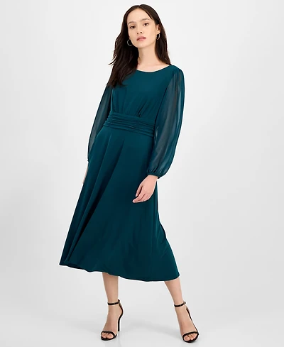 Connected Petite Shirred-Waist Sheer-Sleeve Midi Dress