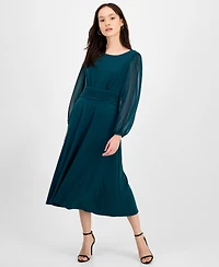 Connected Petite Shirred-Waist Sheer-Sleeve Midi Dress