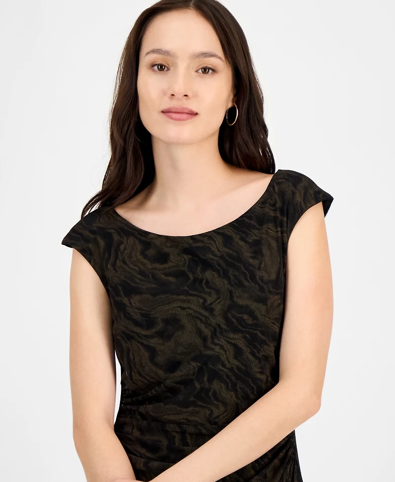 Connected Petite Printed-Mesh Cap-Sleeve Midi Dress