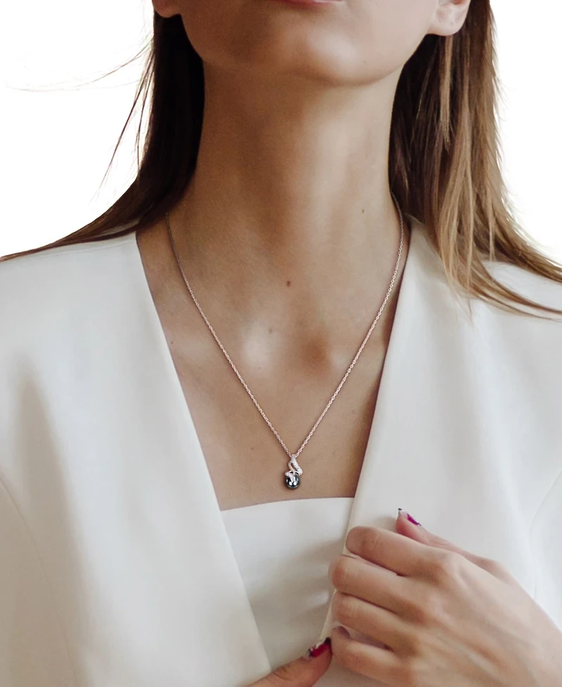 Cultured Black Tahitian Pearl (8mm) & Diamond (1/20 ct. t.w.) Swirl 18" Pendant Necklace in Sterling Silver