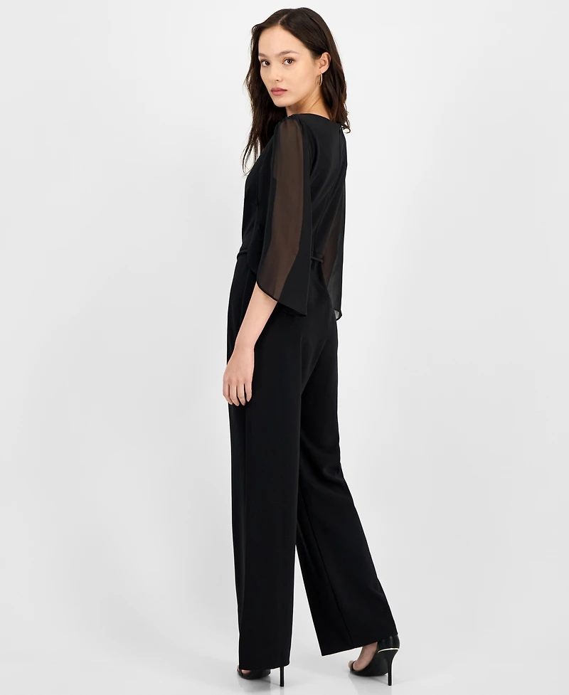 Connected Petite Bell-Sleeve Tassel-Belt Wide-Leg Jumpsuit
