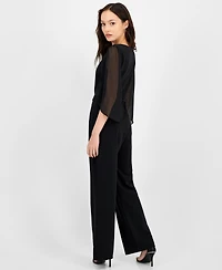 Connected Petite Bell-Sleeve Tassel-Belt Wide-Leg Jumpsuit
