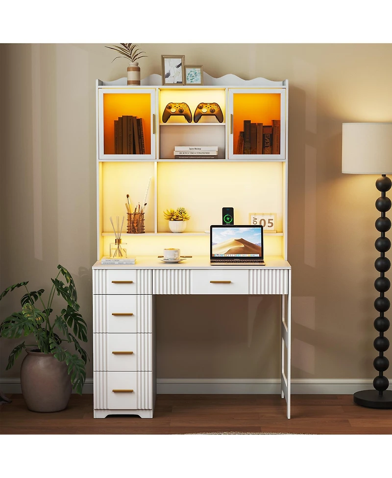 Vlsrka Office study computer desk with charging station and Led lights