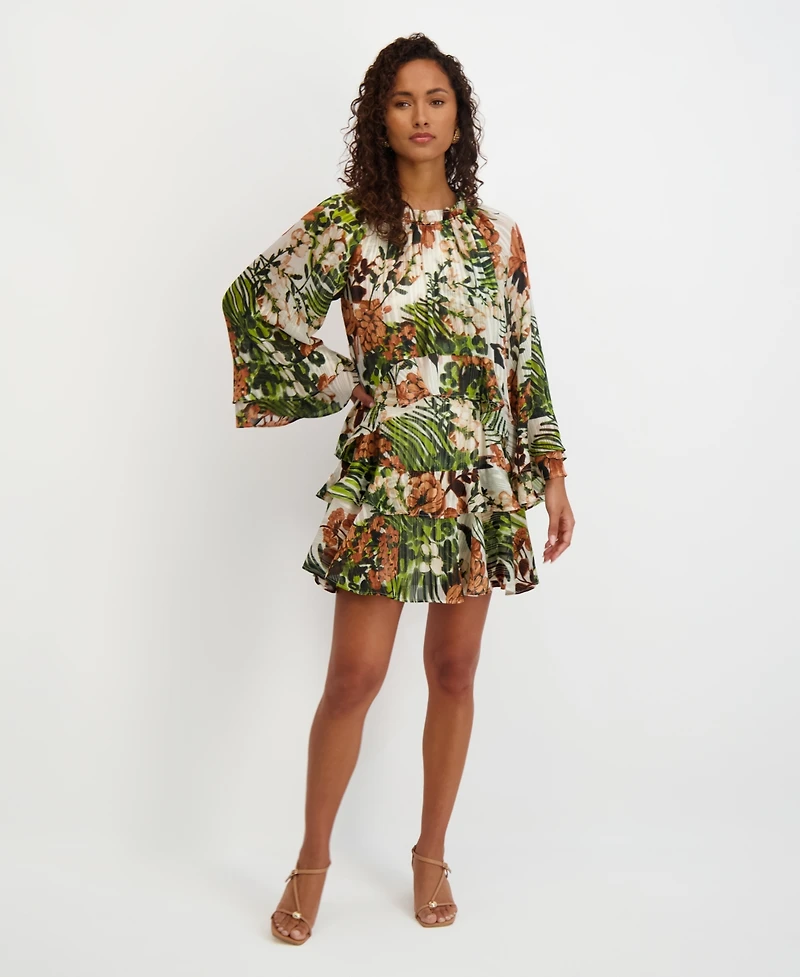 kensie Women's Printed Ruffled Volume-Sleeve Tiered Dress