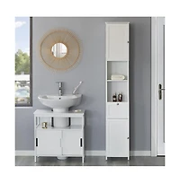 Basicwise White Tall Standing Bathroom Linen Tower Storage Cabinet for Bathroom and Vanity