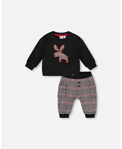 Deux par Baby Boy Sweater and Cargo Pants Set Black with Moose Applique