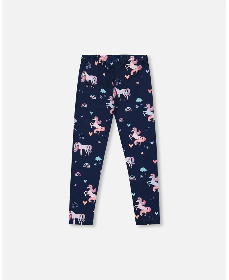 Deux par Girl Stretch Jersey Leggings Navy Unicorn Print