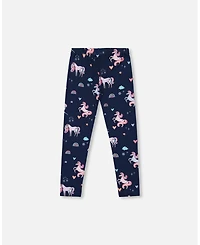 Deux par Girl Stretch Jersey Leggings Navy Unicorn Print
