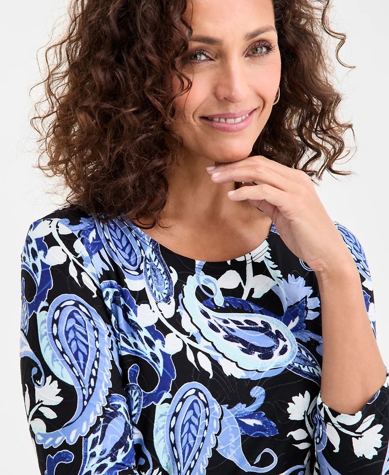 Jm Collection Women's Printed 3/4 Sleeve Scoop-Neck Jacquard Top