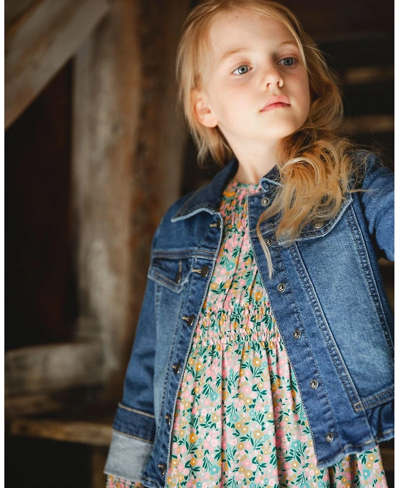 Deux par Girls Denim Jacket Blue with Ruffle Hem and Floral Embroidery