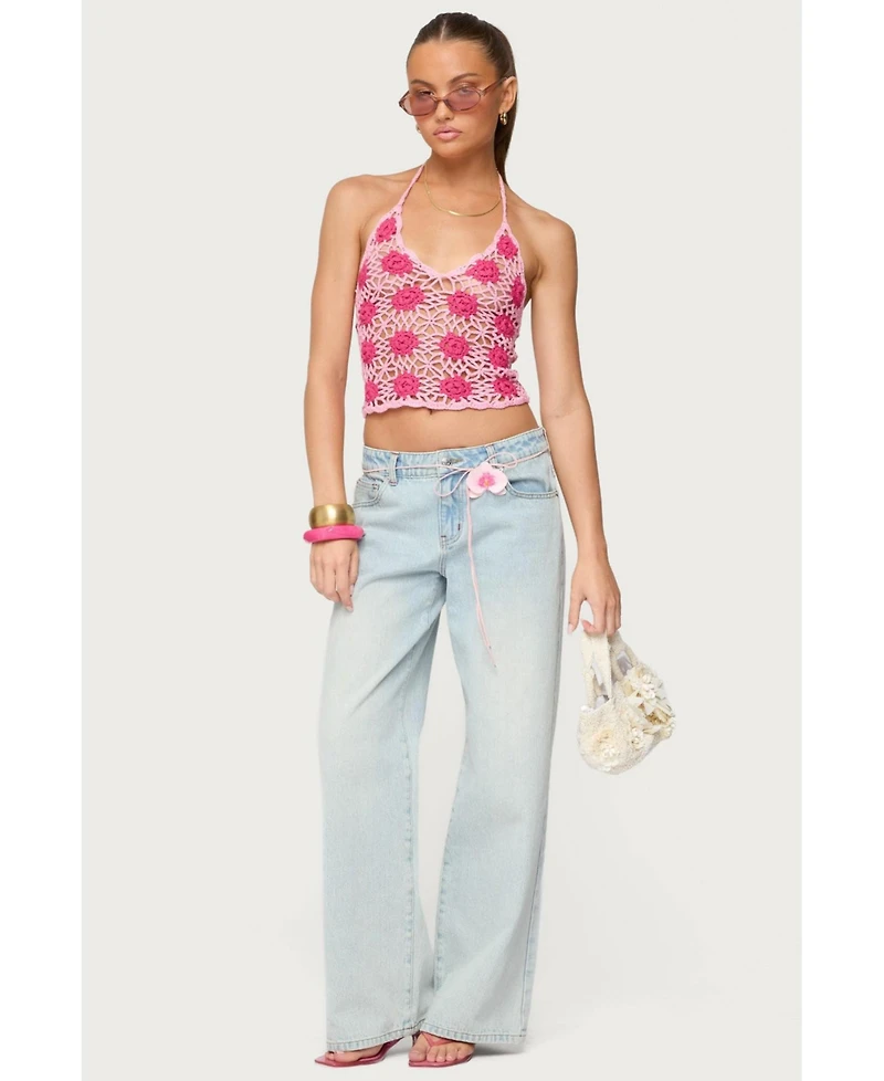 Edikted Womens Contrast Floral Crochet Halter Top