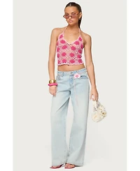 Edikted Womens Contrast Floral Crochet Halter Top