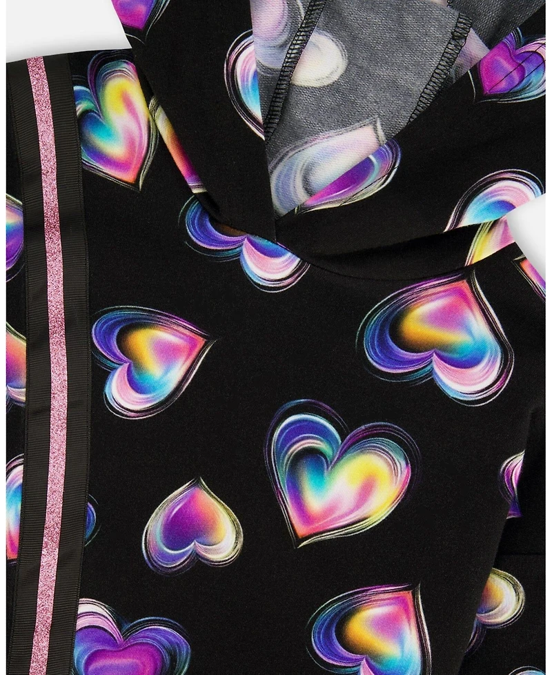 Deux par Girl Hooded Fleece Dress Black and Multicolor with Trompe-l Bag Detail - Child