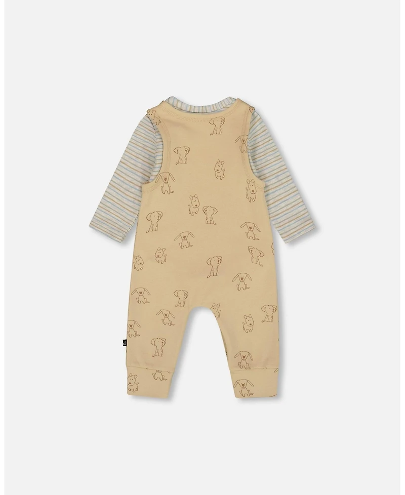 Deux par Baby Boys Cotton Onesie with Overalls Set Beige Printed Dogs