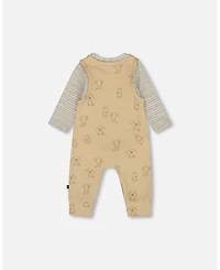 Deux par Baby Boys Cotton Onesie with Overalls Set Beige Printed Dogs