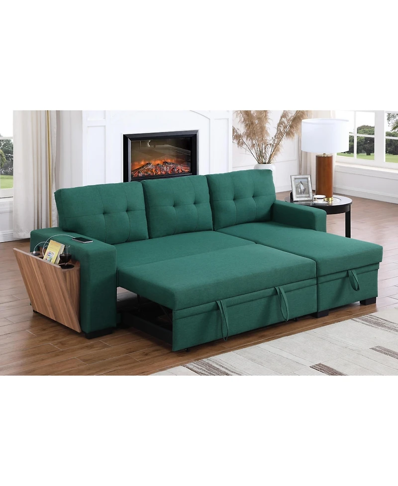 Homlux 3-Piece Linen Sectional Sofa with Pull-Out Sleeper, Storage Chaise & Cup Holder,Green