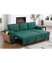 Homlux 3-Piece Linen Sectional Sofa with Pull-Out Sleeper, Storage Chaise & Cup Holder,Green