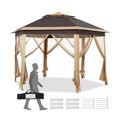Yaheetech 13×13 Ft Hexagonal Outdoor Gazebo, Pop-Up Canopy for Patio Backyard Garden Wedding Party, Khaki/Brown