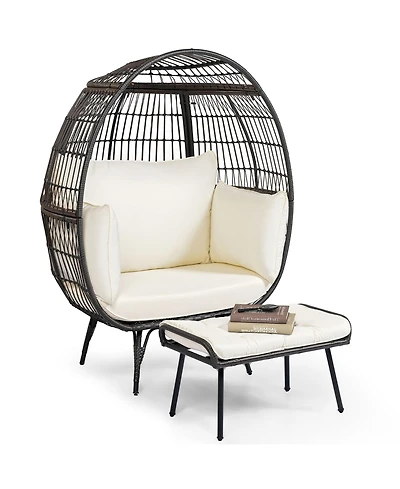 Gymax 2 Pcs Patio Wicker Lounge Basket Set Oversized Egg Chair w/ Soft Cushions