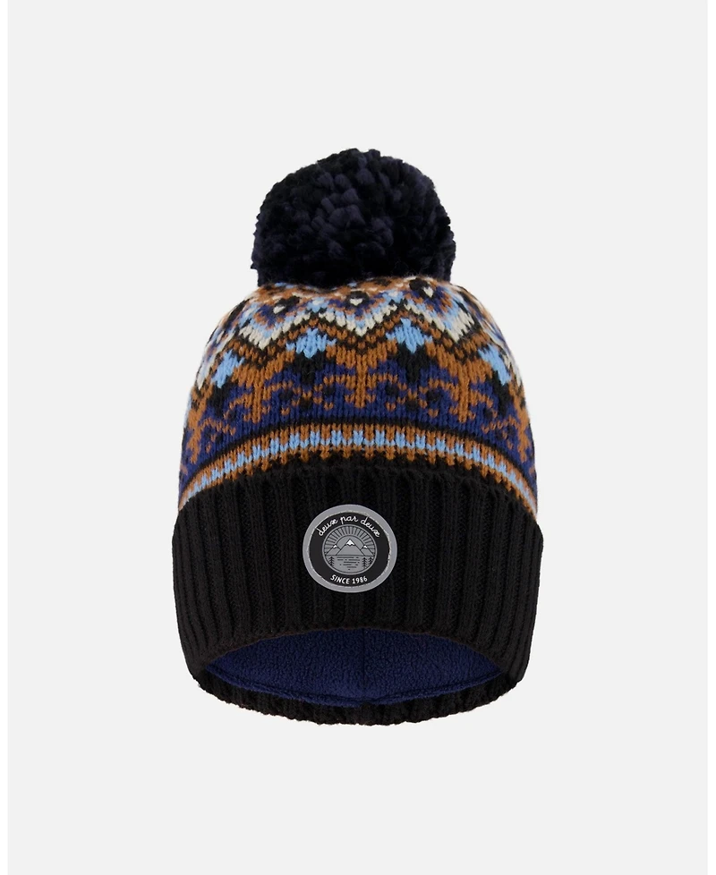 Deux par Boy Lined Knit Winter Hat with Pompom Taupe and Navy - Toddler|Child
