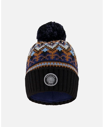 Deux par Boy Lined Knit Winter Hat with Pompom Taupe and Navy - Toddler|Child