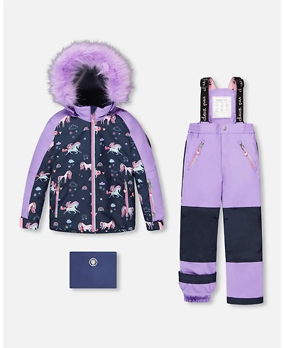Deux par Girl Two-Piece Play Snowsuit with Printed Colorblocked Jacket Lavender