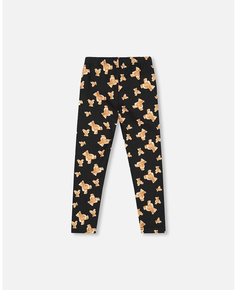 Deux par Girl Jersey Leggings Black Teddy Bear Print - Child